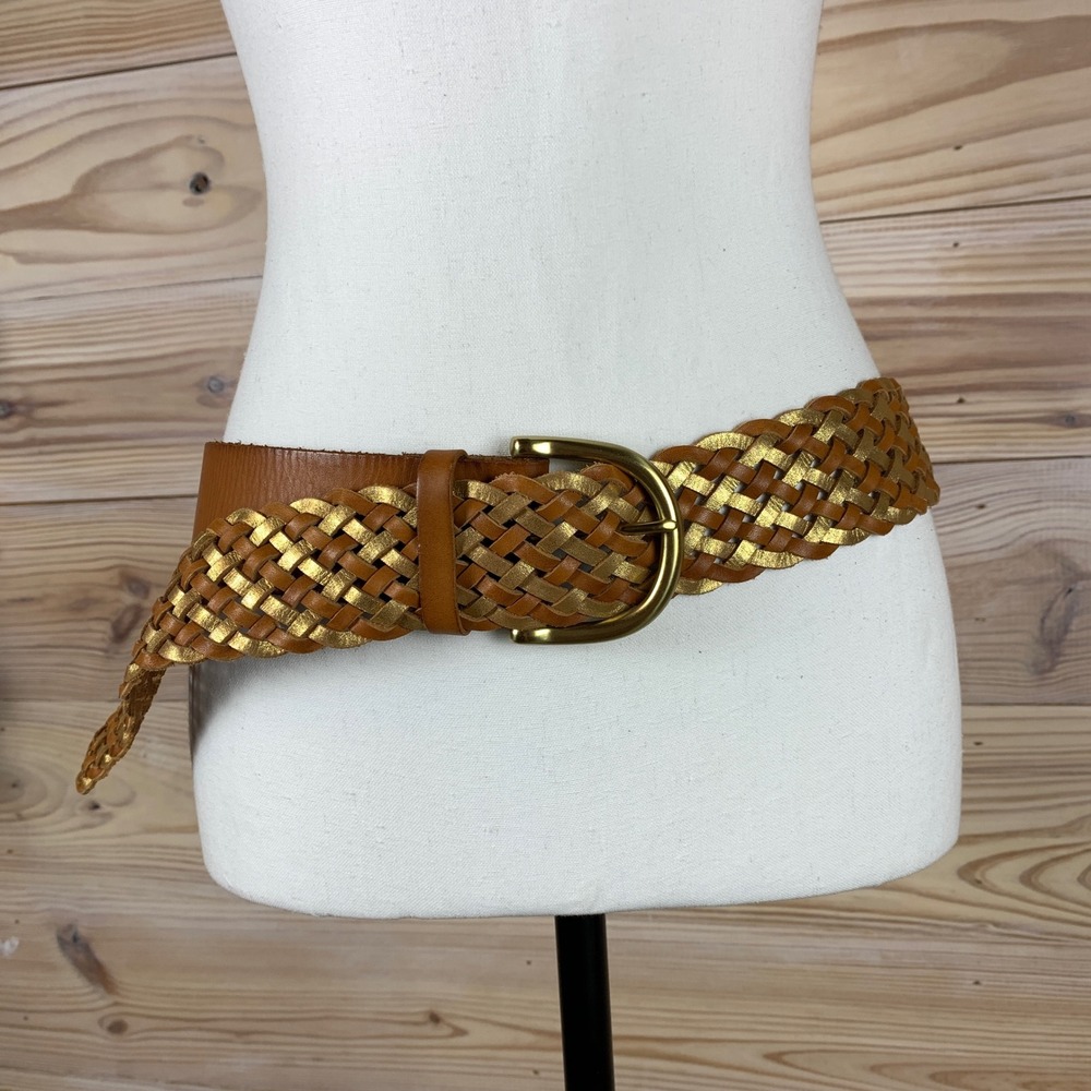 Linea Pelle‎ Braided Belt Women XL Tan Gold Woven Leather Boho Chic Elevated